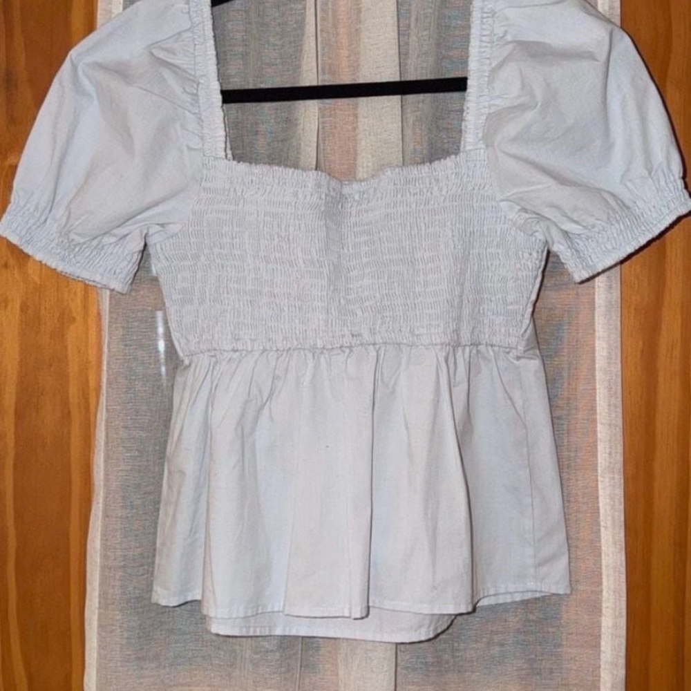 Abercrombie & Fitch Cottage Core Croquette Light Blue Puff Sleeve Peplum Top